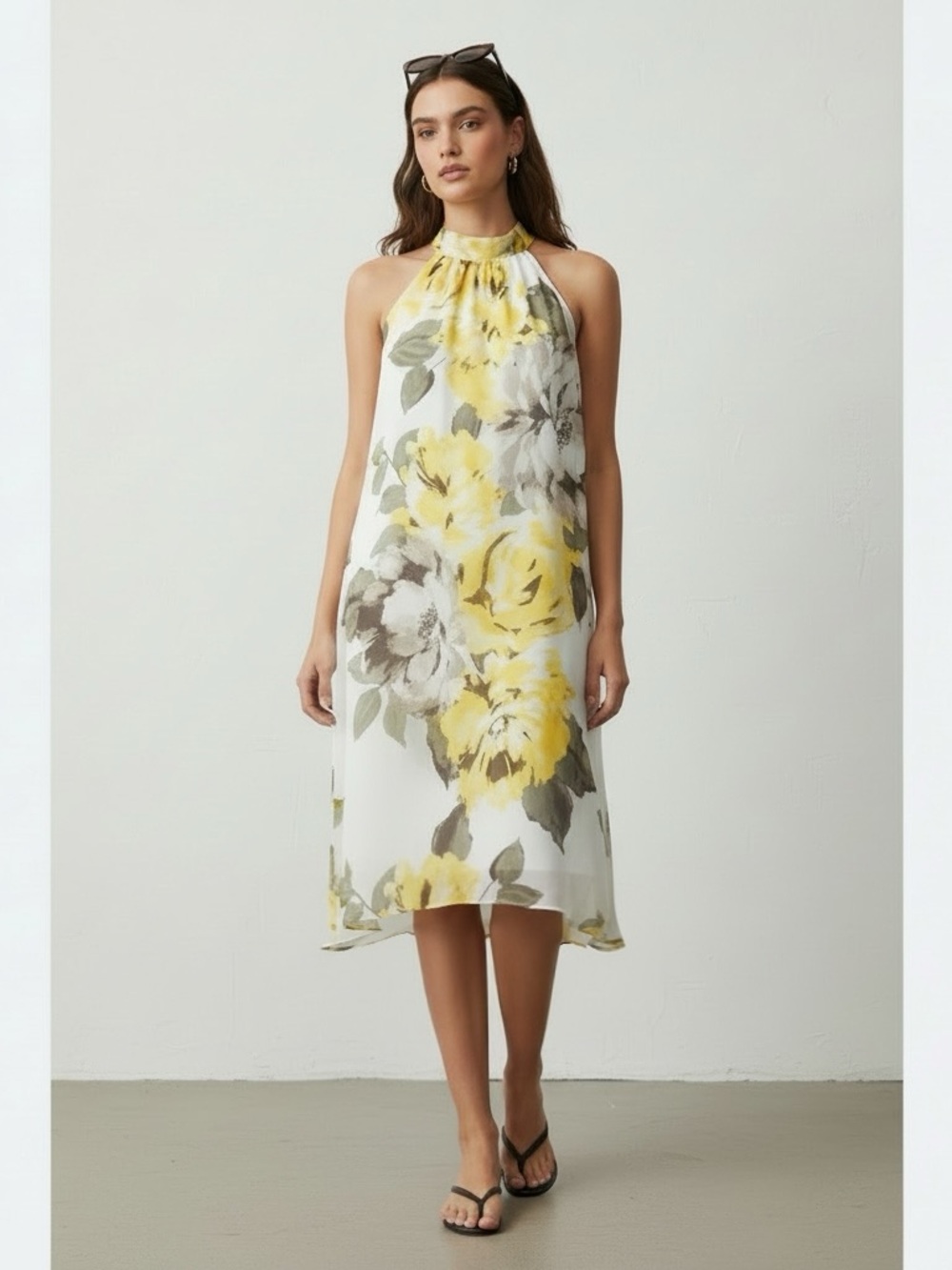 $79 Robbie Bee Women's Yellow Floral-Print Mock Neck Trapeze Dress Petite Sz 8P